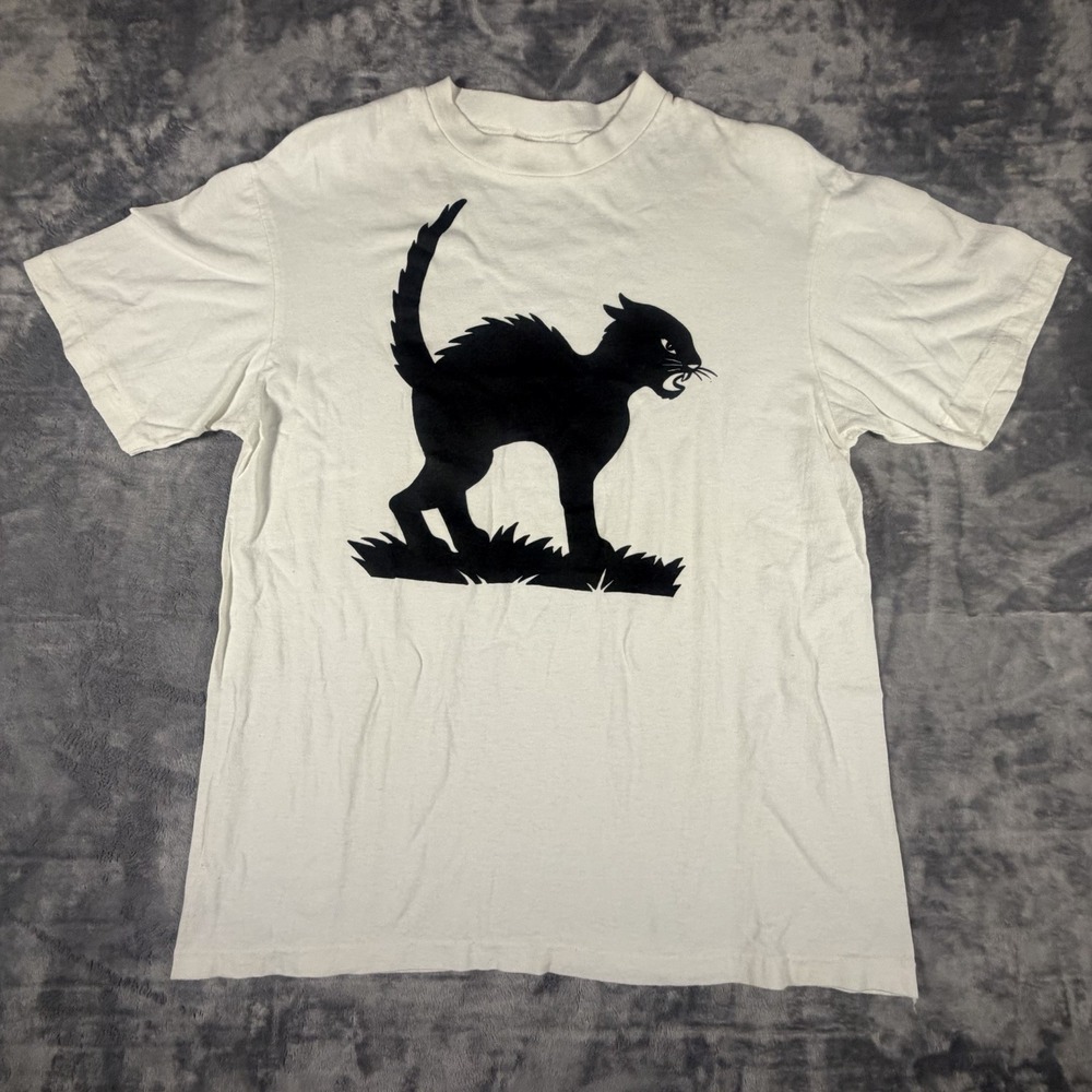 Vintage T Shirt Mens Large White Black Cat Graphic 80's Single Stitch Croppy Fit